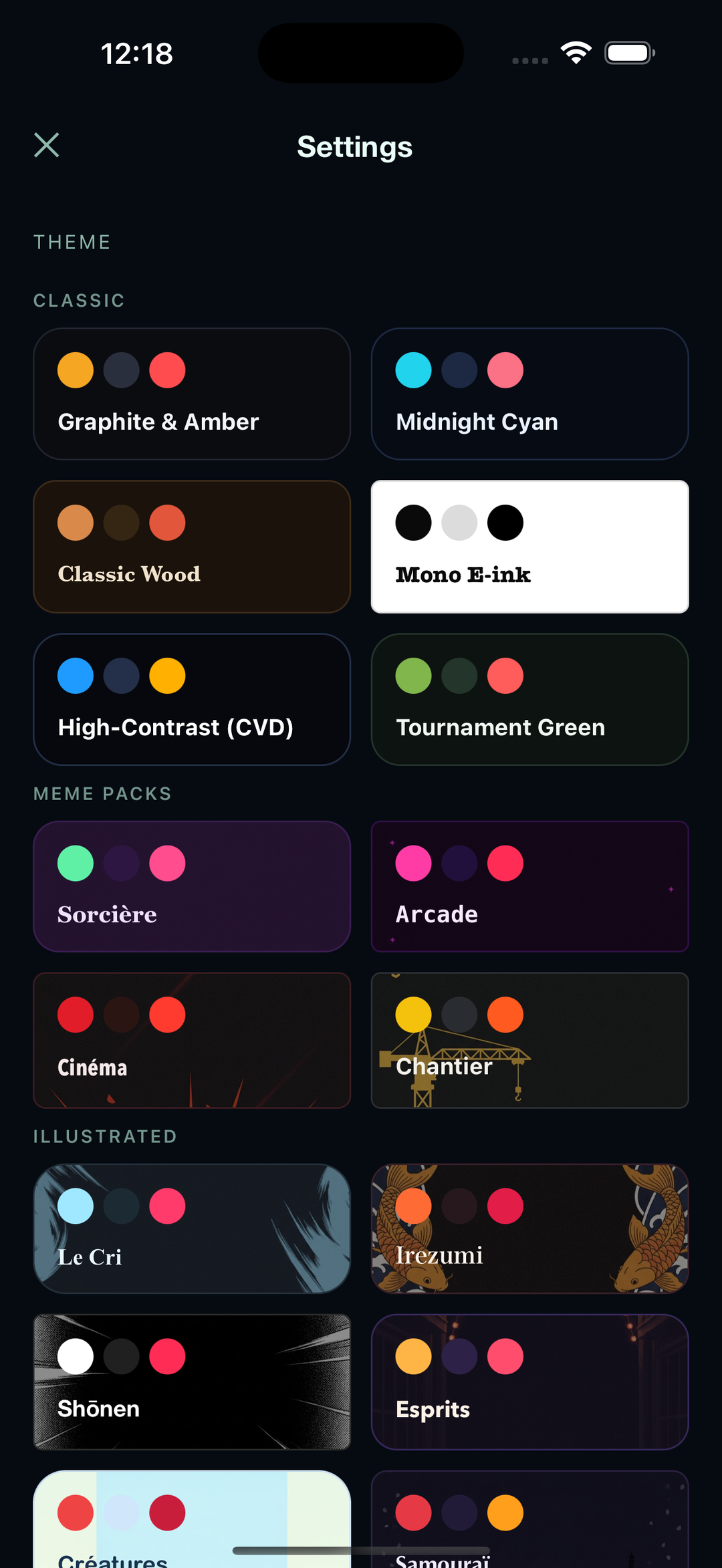 Chess clock themes including Arcade and Mono E-ink